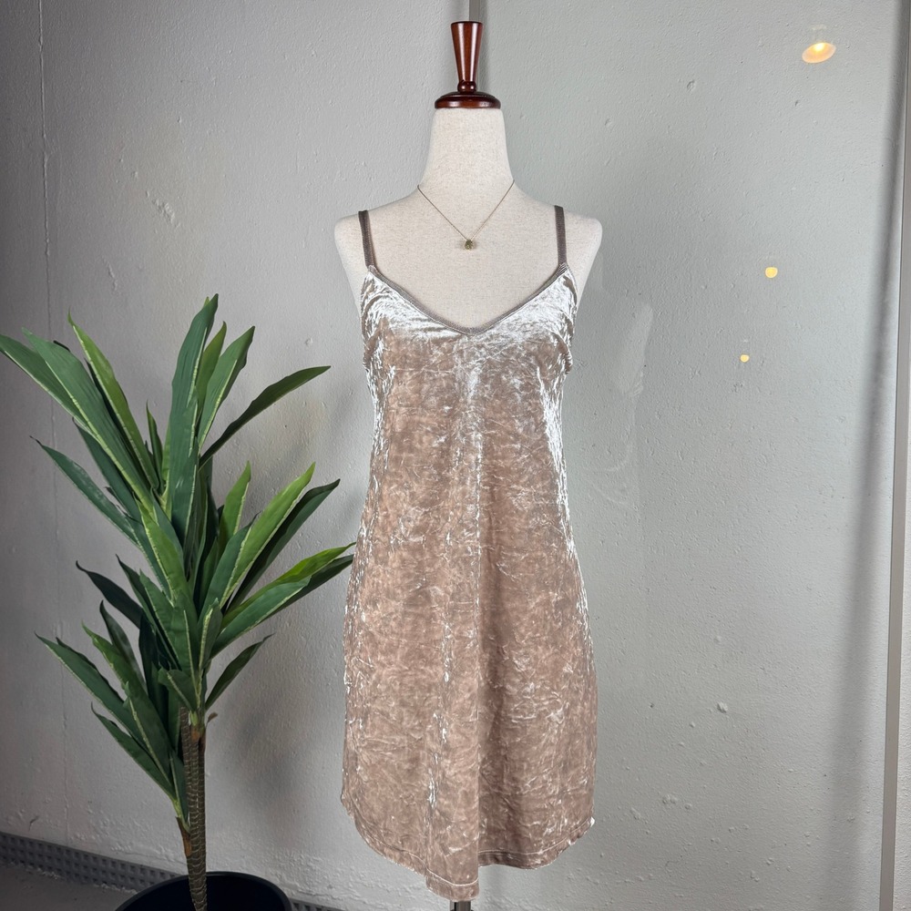 Crushed Velvet 90s Luxe Zara Mini Slip Dress Women Small Champagne Beige V-Neck